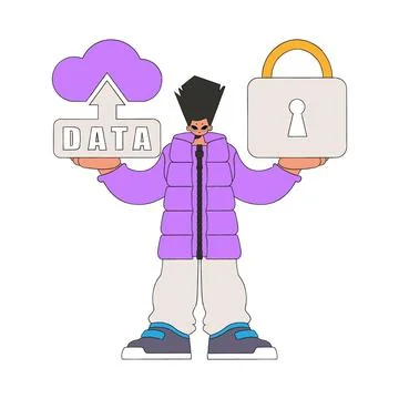 Person having cloud storage and a lock. Stock Illustration