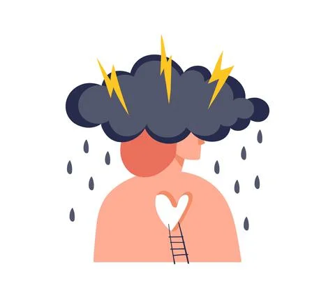 Person with head in a cloud with lightning icon, concept of psychological crisis Stock Illustration
