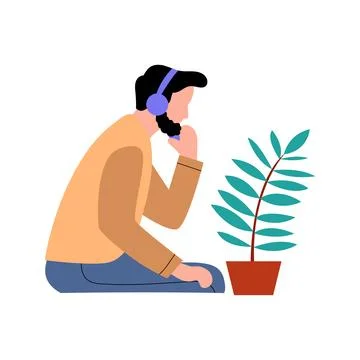 Person with Headphones Talking on Phone While Looking at Plant Stock Illustration