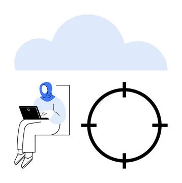 Person with headscarf using laptop, large cloud above, target aim symbol near Stock Illustration