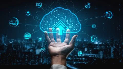 Person holding a 3D rendering of cloud computing technology and global data Illustrazione stock