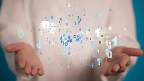 Person holding binary codes on his palms 스톡 사진