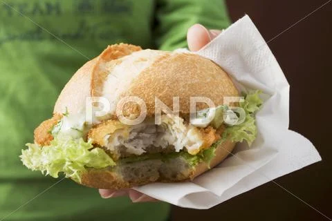 Person holding a breaded escalope in a bread roll Stock Photos