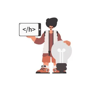 The person is holding a browser window with a programming picture, and to b Stock Illustration