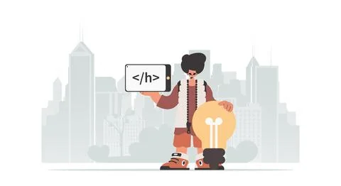 The person is holding a browser window with a programming picture, and to b.. 스톡 일러스트