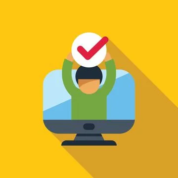 Person holding checkmark inside desktop computer screen Stock Illustration