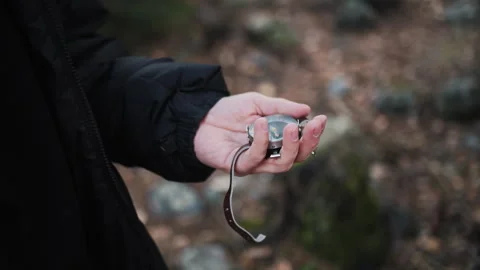 Person Holding Compass in Forest Environment Stock Footage 307092146