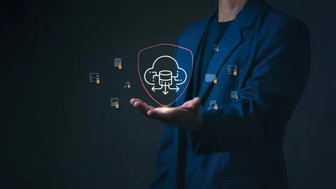 Person holding digital cloud data storage icon in hand 스톡 사진