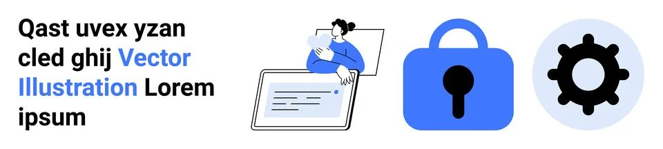 Person holding document next to a large lock and gear symbols. Ideal for tech 库存插图