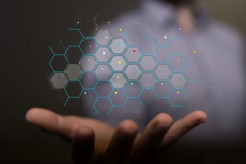 Person holding on a floating digital render of a binary code network 库存插图