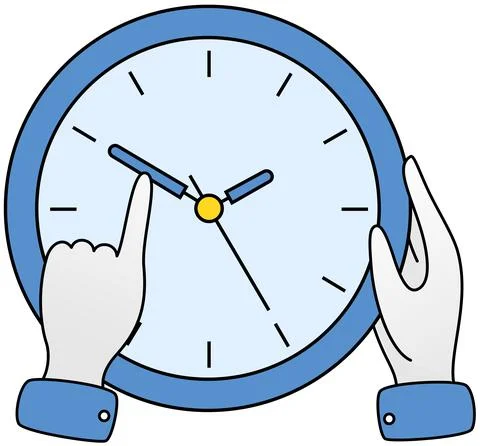 Person holding hand of clock to delay time. Character with watch wants to deal Stock Illustration