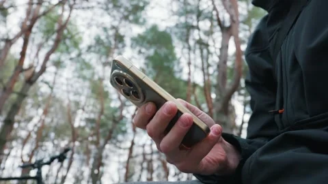 Person Holding High-End Smartphone in Pine Forest Background Stock Footage 334124596