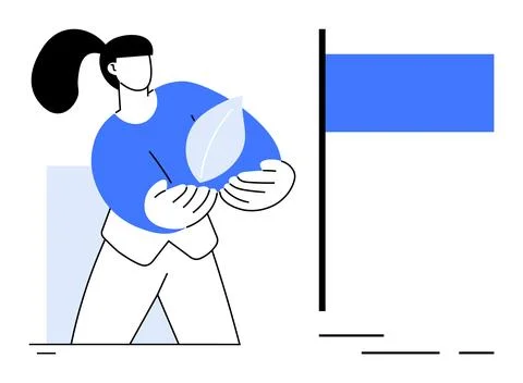 Person holding a leaf while wearing blue. Clean lines and flat colors. Ideal  Stock Illustration