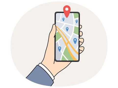 Person holding mobile with GPS tracker on map Stock Illustration