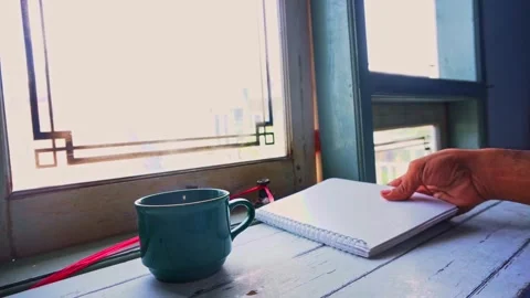 A Person Holding A Notebook While Sitting By A Sunny Window With A Cup Of C.. Stock-Footage 345140127