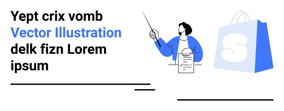 Person holding a pointer and document, next to blue shopping bag with S logo. Illustrazione stock