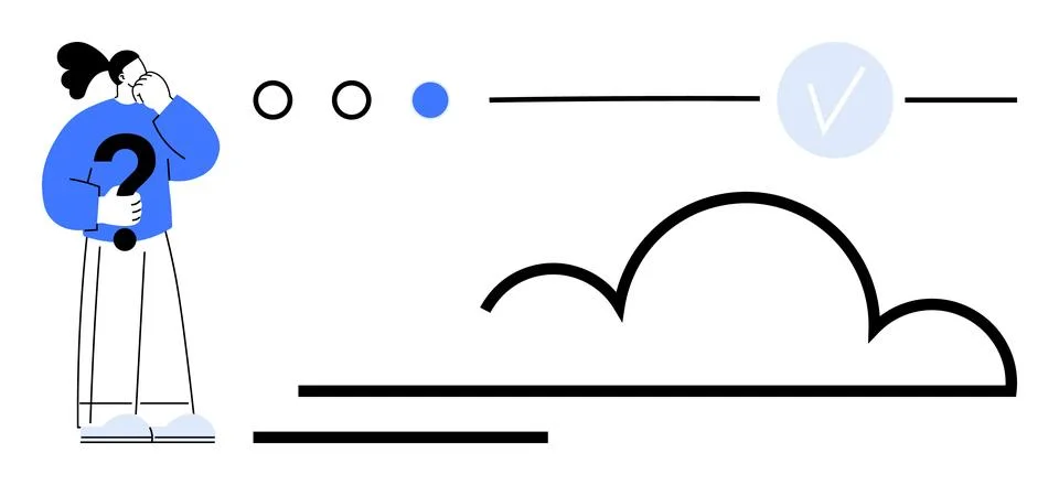 Person holding a question mark with cloud, progress indicators, and check m.. Stock Illustration