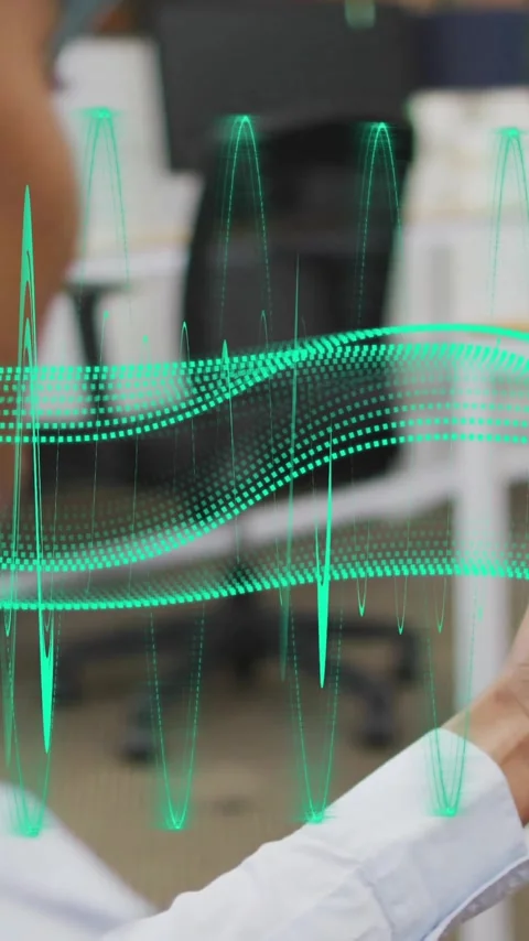 Person holding smartphone with digital wave animation over office background Stock Footage 344285257