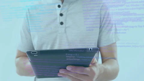 Person holding tablet with code and data processing animation overlay Stock Footage 306251763