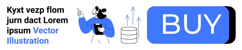 Person holding tablet, data graph with upward arrows, large BUY button. Ideal Illustrazione stock