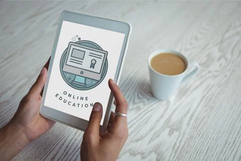 Person holding a tablet with e-learning information in the screen Stock Photos