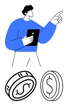 Person holding a tablet points forward with one hand while two coins with dol Stock Illustration
