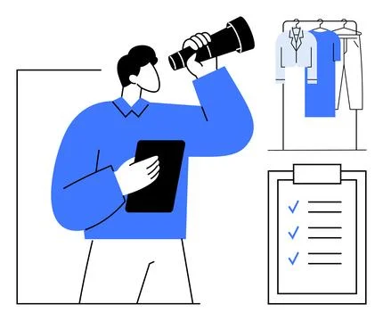 Person holding a tablet using a telescope, looking at clothes on hangers and  스톡 일러스트
