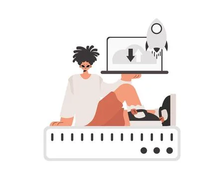 The person is holding a tablet, which is synchronized with the information Stock Illustration