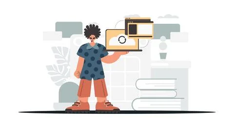 The person is holding a tablet, which is synchronized with the information .. Stock Illustration