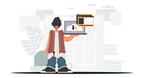 The person is holding a tablet, which is synchronized with the information .. Stock Illustration
