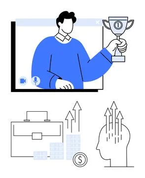 Person holding trophy during virtual presentation, briefcase and rising bar c Stock Illustration