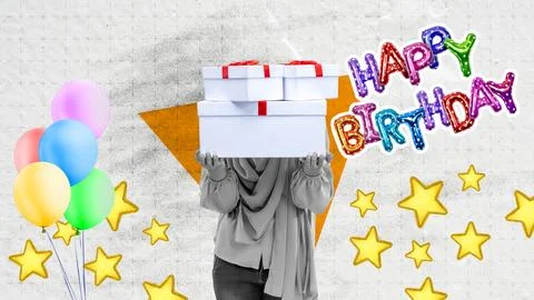 A person holding white gift boxes with red ribbons in front of their face, .. Stock Illustration
