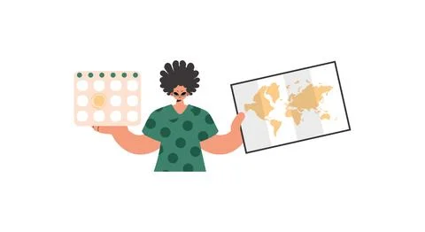 The person holds a calendar and a chart of the world in his hands Stock Illustration