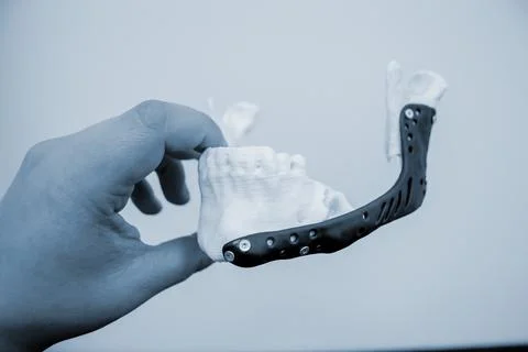 Person holds in hand an example of artificial jaw printed on 3D printer Stock Photos