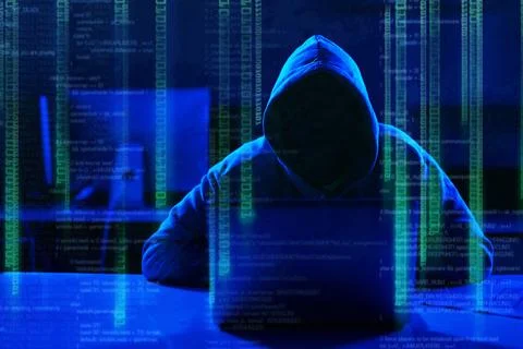 Person, hoodie or hacker with code overlay of cybersecurity problem with coding Stock Photos