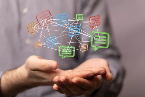 Person hovering 3d render of digital speech bubbles conference connection Stock Photos