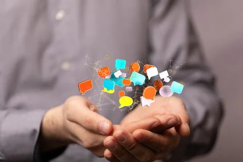 Person hovering 3d render of digital speech bubbles conference connection Stock Photos