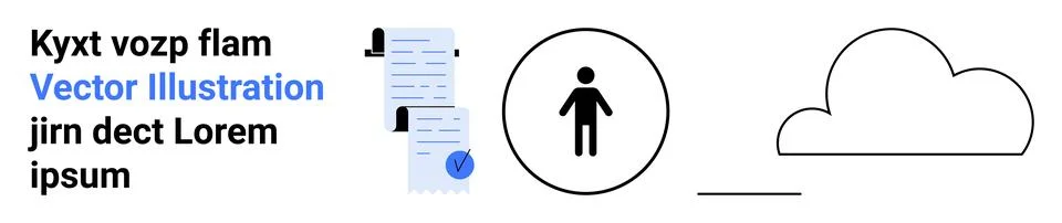 Person icon, document stack with blue check mark, and cloud illustration. Ide Stock Illustration