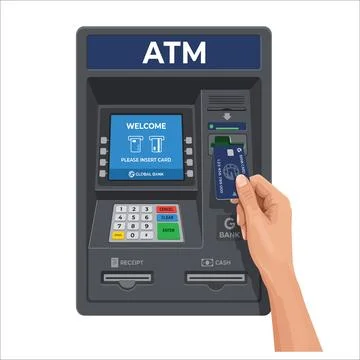 Person inserting a blue debit card into an automated teller machine 库存插图