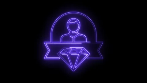 Person inside diamond logo badge with neon light effect on black background Stock Footage 314536992