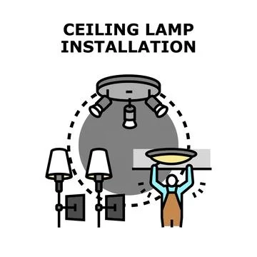 Person installing ceiling lamp and wall lighting fixtures Stock Illustration
