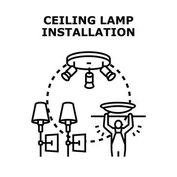 Person installing ceiling lamp and wall lighting fixtures Stock Illustration