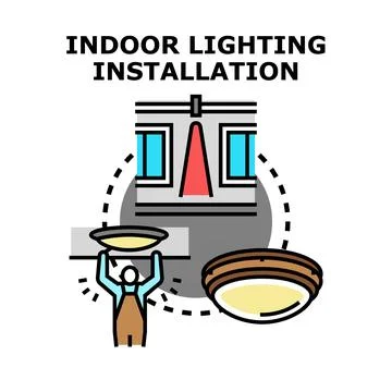 Person installing ceiling light fixture inside Stock Illustration