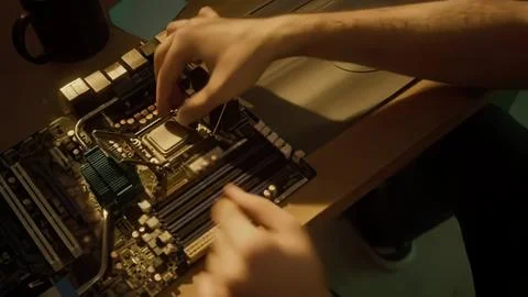 Person installing ram memory module into a computer motherboard Stock Photos