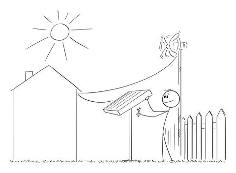 Person Installing Solar Panel and Wind Turbine on the Garden, Vector Cartoon Stock Illustration