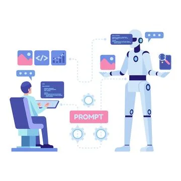 Person Interacting with AI Via Prompt Engineering Illustrazione stock