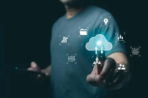 Person Interacting with Cloud Technology Icons and Data Transfer Symbols in.. Stock Photos