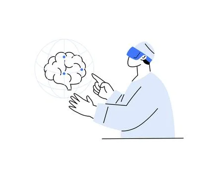 Person interacting with a digital brain in a virtual reality setting, symboli Stock Illustration