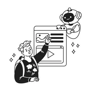 Person Interacting with Digital Interface and Robot Stock Illustration