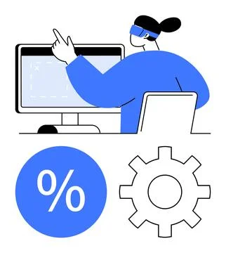 Person Interacting with Digital Screen and Interface Elements in Minimalist.. Illustrazione stock